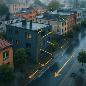 Vista aérea de zona urbana con sistema de drenaje pluvial durante lluvia