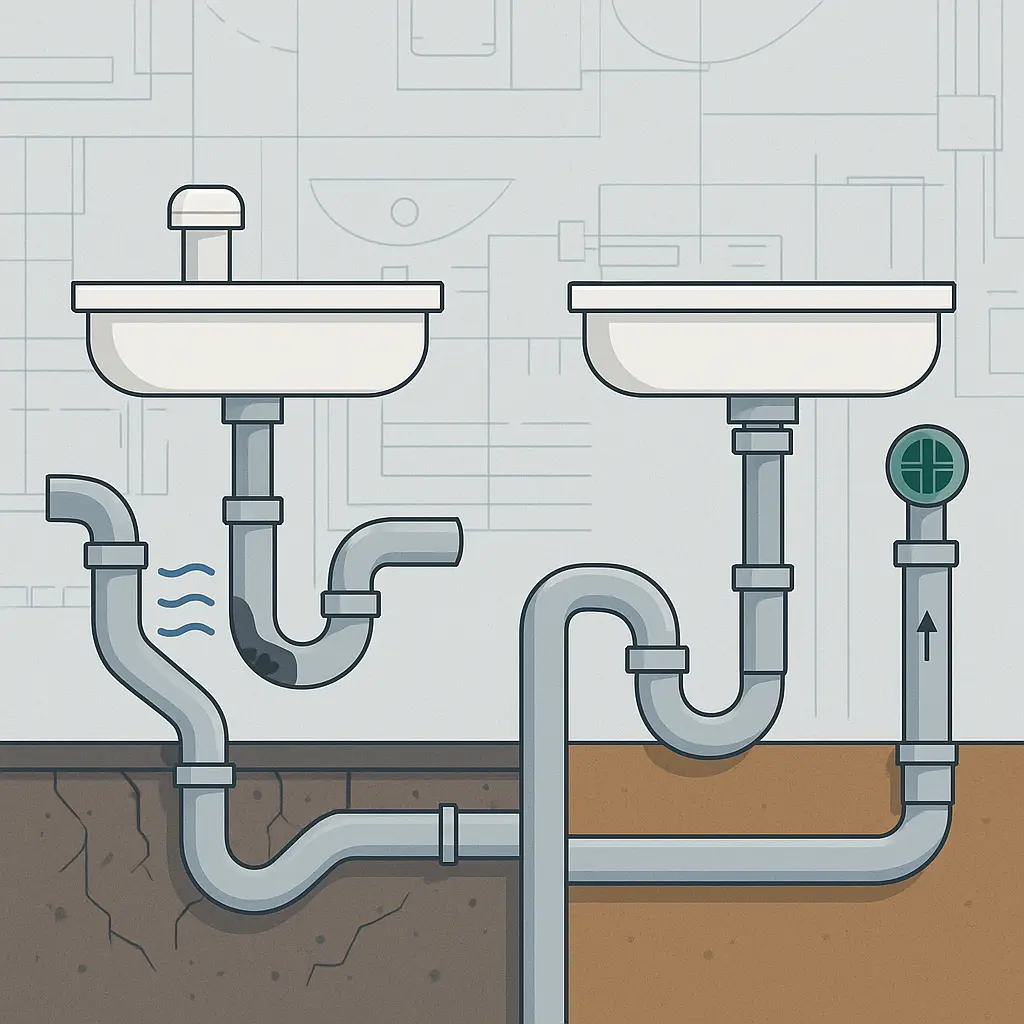 Ilustración comparativa de errores y soluciones en diseño de instalaciones sanitarias