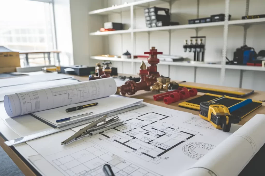 Planos técnicos y esquemas hidráulicos sobre mesa de trabajo en oficina de ingeniería.
