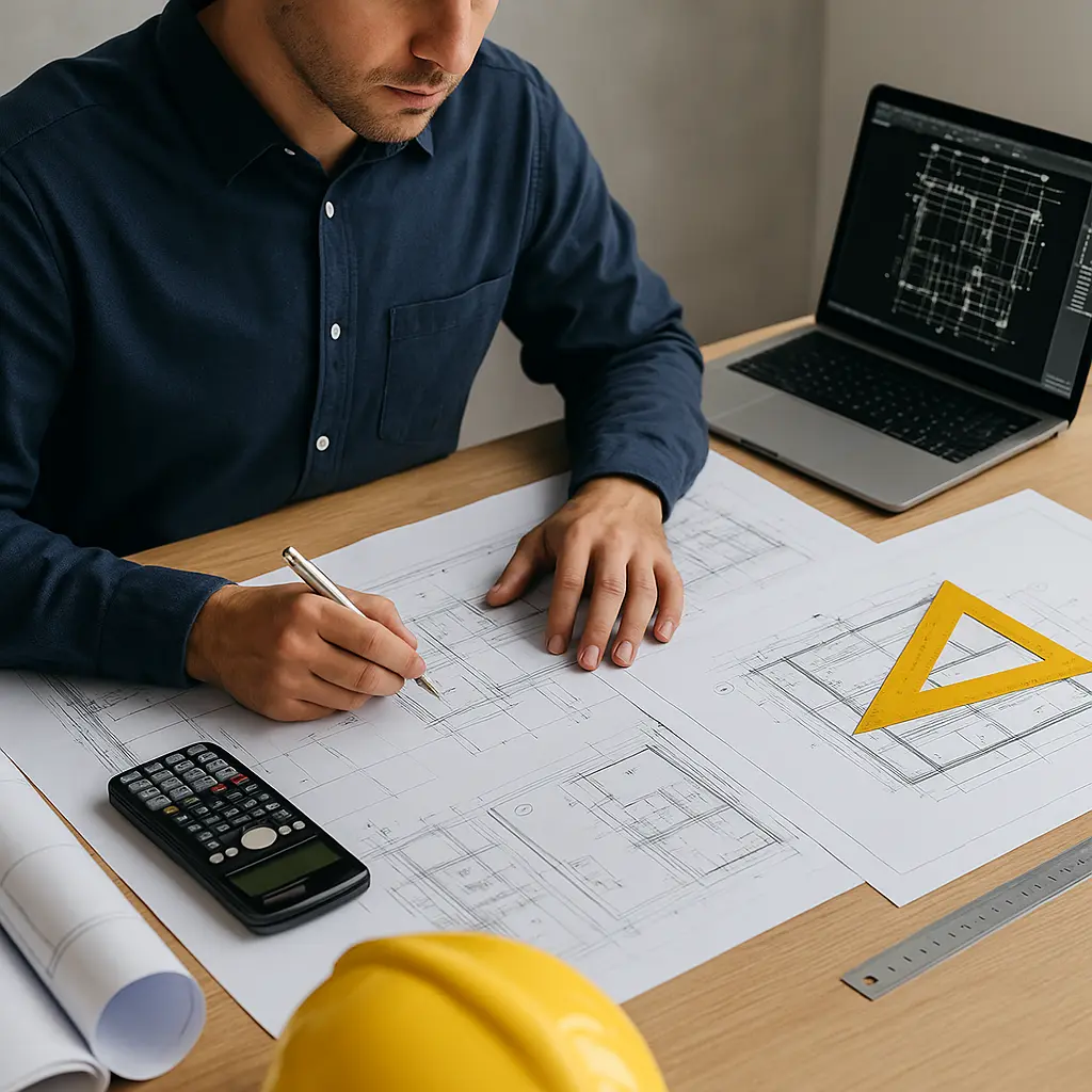 Mesa de trabajo con planos técnicos y un ingeniero revisando un proyecto ejecutivo