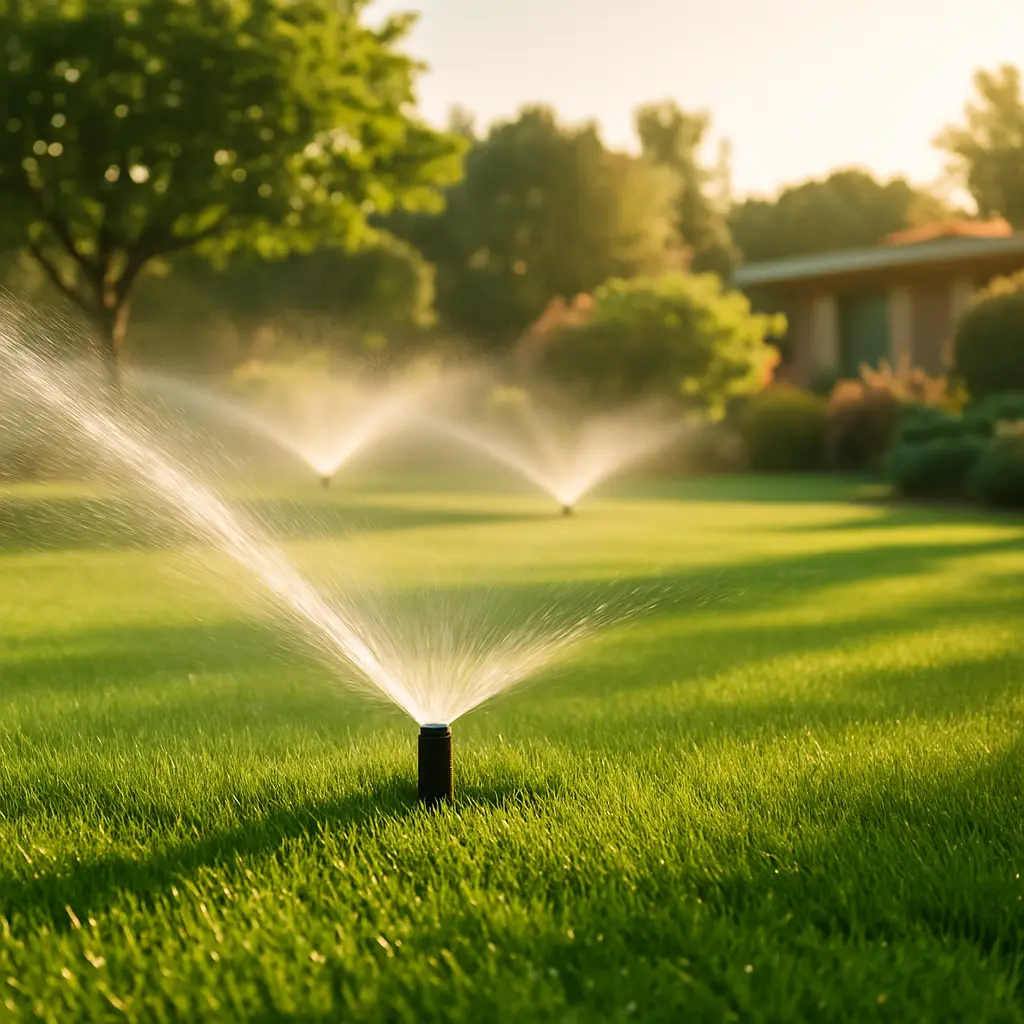 Sistema de riego automatizado regando un jardín verde de forma eficiente