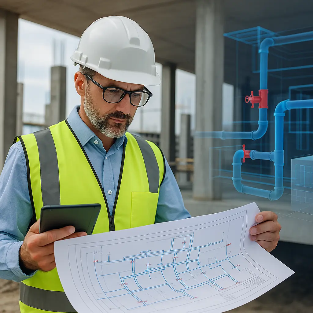 Ingeniero revisando planos de sistema hidráulico en obra de construcción